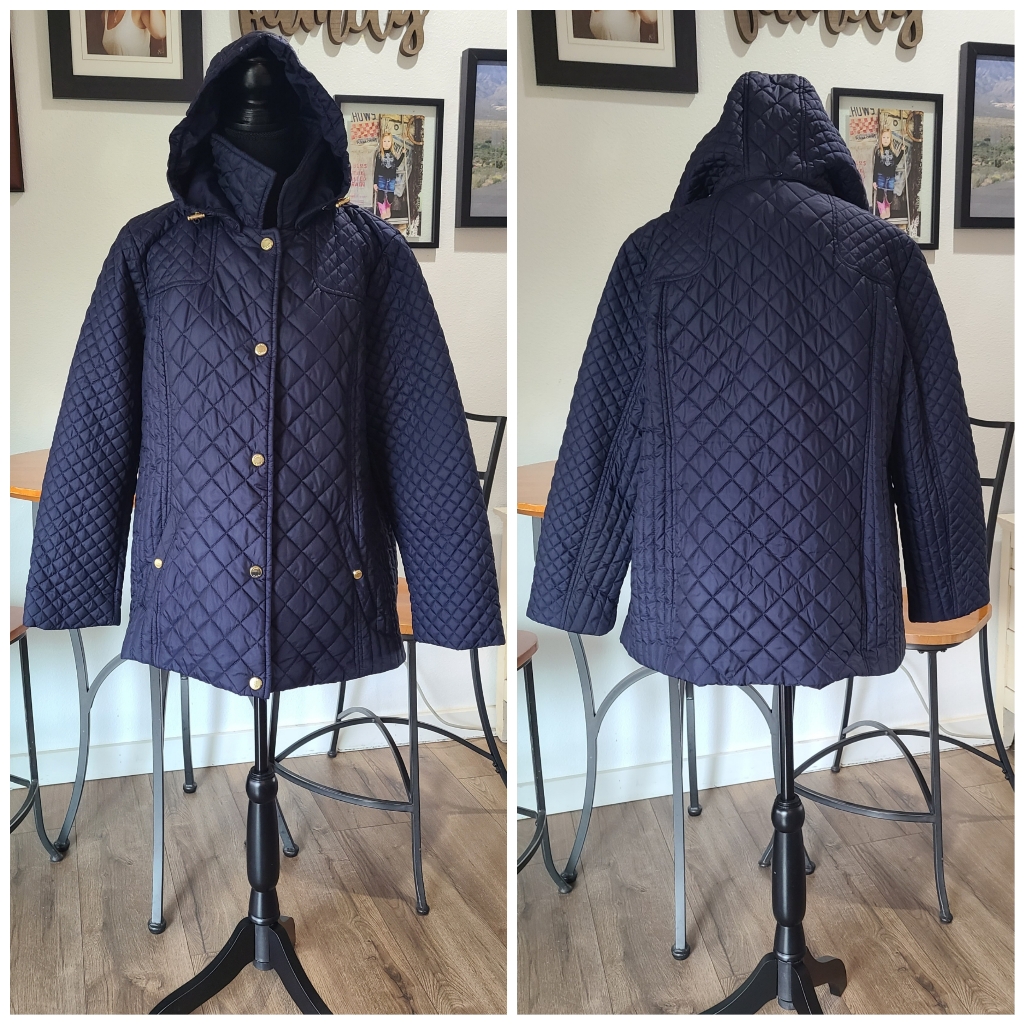Barely Worn! Anne Klein - Navy Quilted Hooded Coat, Water Resistant- Wmn's Xl